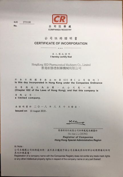 China Hangzhou SED Pharmaceutical Machinery Co.,Ltd. certificaten