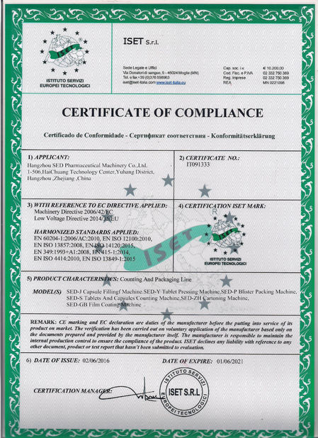 China Hangzhou SED Pharmaceutical Machinery Co.,Ltd. certificaten